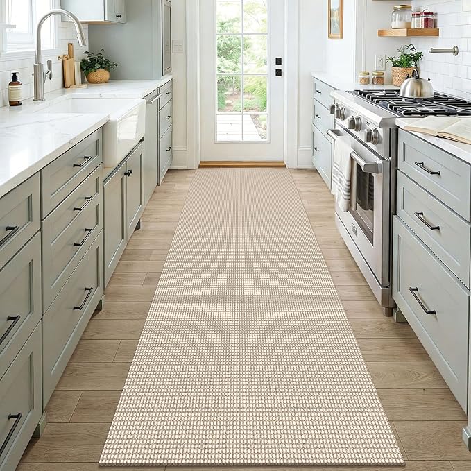 KOZYFLY Woven 3x7 Washable Kitchen Runner Rug, Non Slip Wide Runners for Hallway, Cotton Entryway Runner, Braided Floor Carpet for Entry, Kitchen, Bedside, Hall, Ivory/Camel/Brown