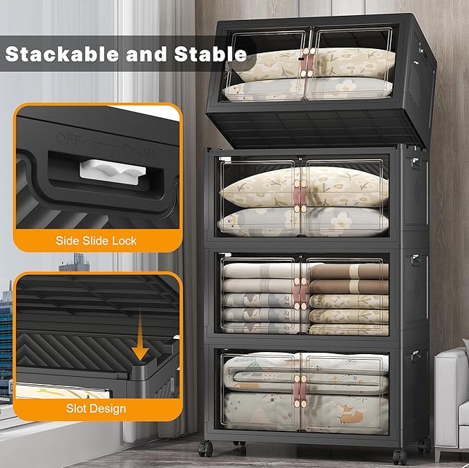 UAMFURI Stackable Storage Bins with Lids & Wheels & Door, Foldable Collapsible Closet Organizers, Extra Large Plastic Storage Drawers for Bedroom Dorm Office Garage (Dark-175QT, 4Pack with 1 top lid)