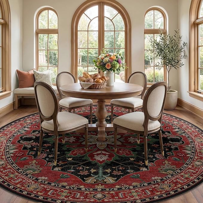 RELEANY Area Rugs Round 8ft Washable Non-Slip, Floral Vintage Distress Medallion Carpet for Living Room Bedroom Dining Room, Red Black