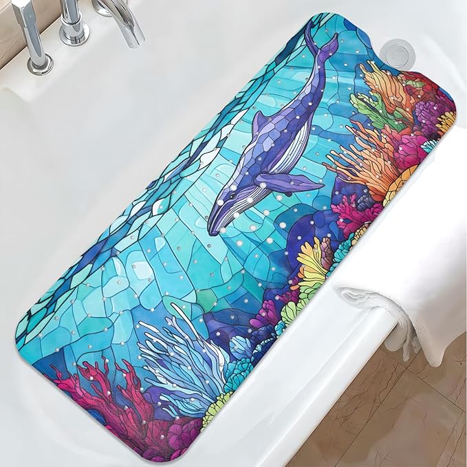 EAN Animals Bathtub Mat Non Slip, Sea Baby Bath Mat for Tub Rubber Tub Mat, Cute Toddler Kids Bath Mats for Bathroom Whale Anti Slip Shower Mat with Suction and Drain Holes Machine Washable, 40″x16″
