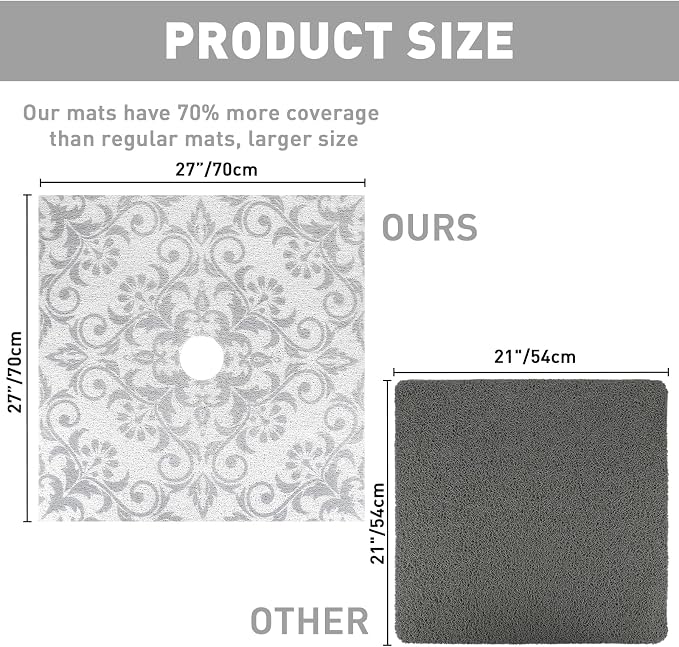 Square Shower Mat Non Slip: 27 x 27 Inch Large Shower Mats with Drain Hole in Middle - PVC Loofah Anti Slip Shower Floor Matt for Inside Shower