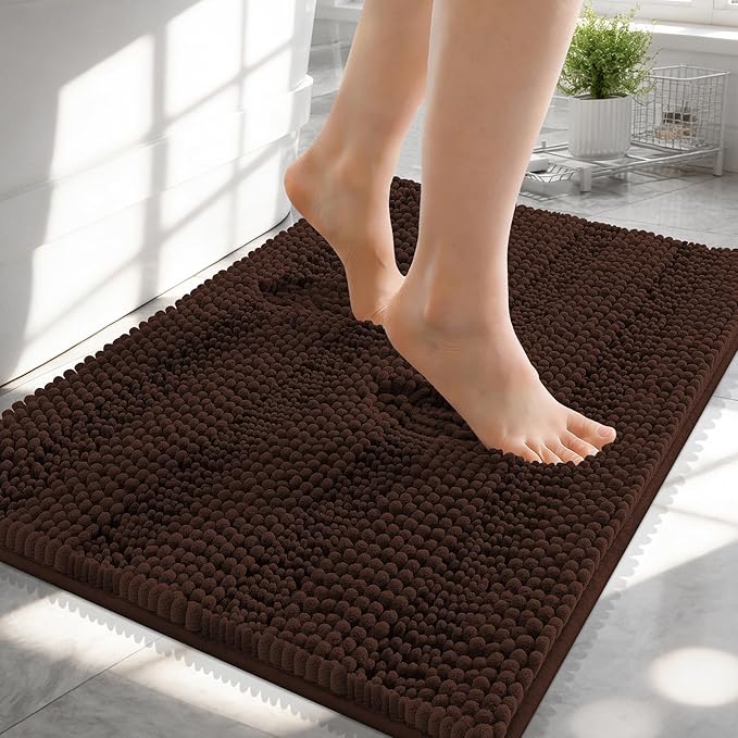 OLANLY Thick Small Bathroom Rugs 24x16, Extra Soft Absorbent Chenille Striped Bath Rugs, Rubber Backing, Machine Wash, Bath Mats for Bathroom Floor, Tub and Shower, Home Decor Accessories, Brown