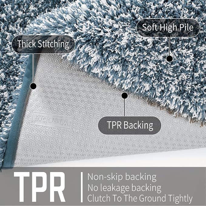Yimobra Bathroom Rugs Non Slip Washable, Ultra Soft and Water Absorbent Bath Mats, Plush Fluffy Shower Mat Outside, Microfiber Thick Matts for Bathroom Floor/Sink, 24X17, Denim Blue and White