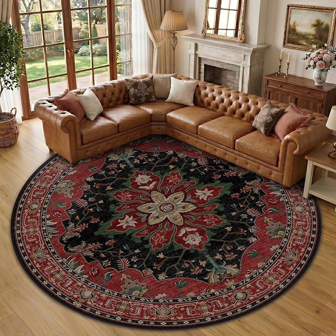 RELEANY Area Rugs Round 10ft Washable Non-Slip, Floral Vintage Distress Medallion Carpet for Living Room Bedroom Dining Room, Red Black