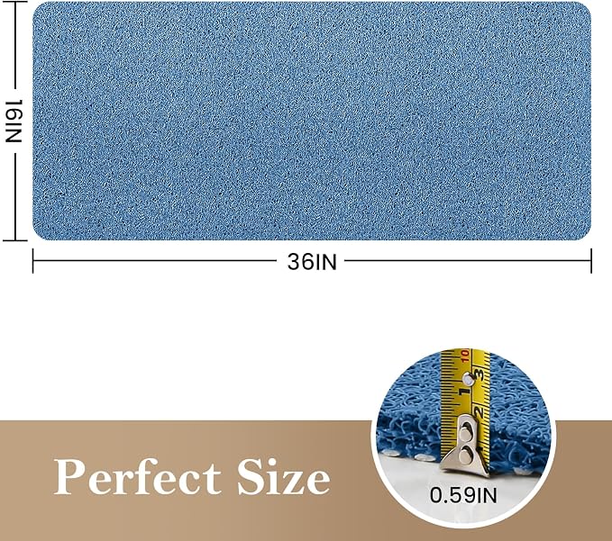 Shower Mat Bathtub Mat Non-Slip,36x16 inch, Soft Tub Mat with Drain,PVC Loofah Bath Mat (Phthalate Free) for Tub and Bathroom,Lake Blue