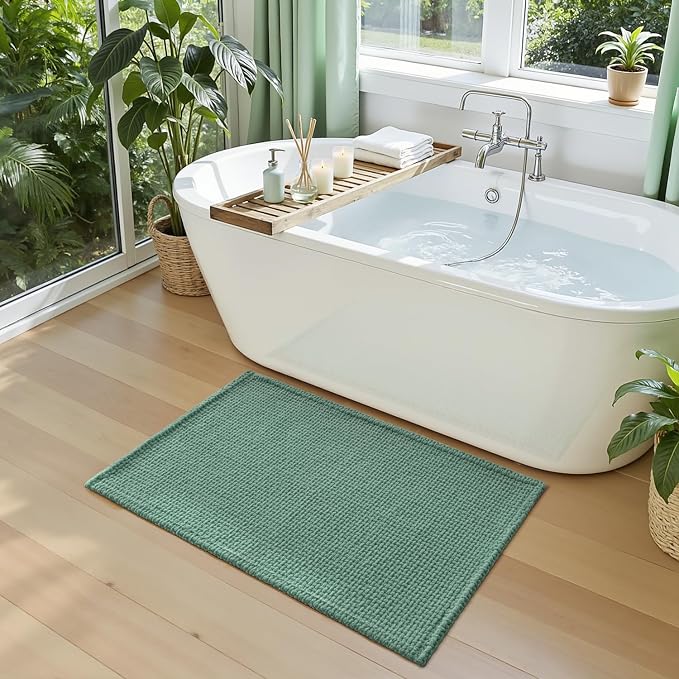 DEXI Bathroom Rugs 24x16, Non Slip Washable Bath Mat, Absorbent Chenille Bathmat, Ultra Soft Thick Carpet for Tub Shower Floor, Green