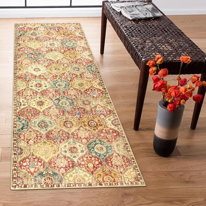 Lahome Moroccan Trellis Washable Runner Rug, 2x6 Kitchen Runners for Hallways 6 Feet Non Slip, Vintage Laundry Room Rug Ultra-Thin Carpet for Bathroom Bedroom Entryway Elise, Red/Orange