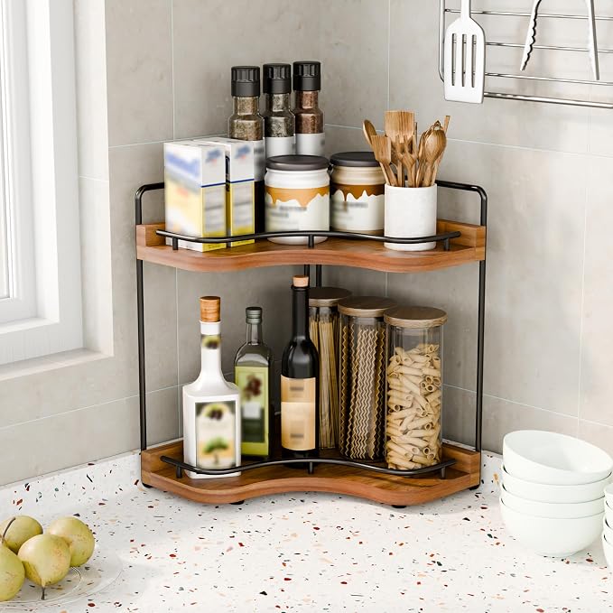 2-Tier Corner Bathroom Counter Organizer with Embedded Screw Holes, Secure & Stable Wood Vanity Shelf for Makeup and Skincare Essentials - Space Saving Bathroom Countertop Storage(Acacia wood-Brown)