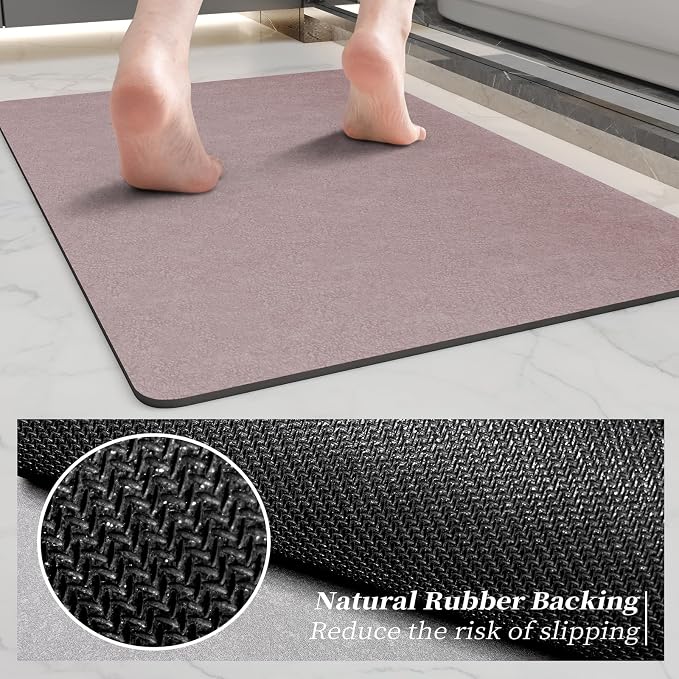Bath Mat Rugs 32x17 - Diatomaceous Earth Bath Mat Quick Dry Absorbing Bathroom Rugs Rubber Non Slip Thin Bathroom Mat Fit Under Door, Bath Mats for Bathroom Floor, Tub and Shower, Sink, Blush Pink