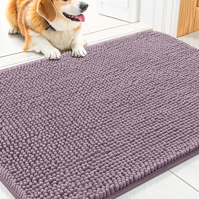Smiry Dog Door Mat for Muddy Paws 30x20, Absorbent Dirt Trapper, Non-Slip Washable Chenille Entryway Rug for Inside Floor, Deep Plum, Classic Solid