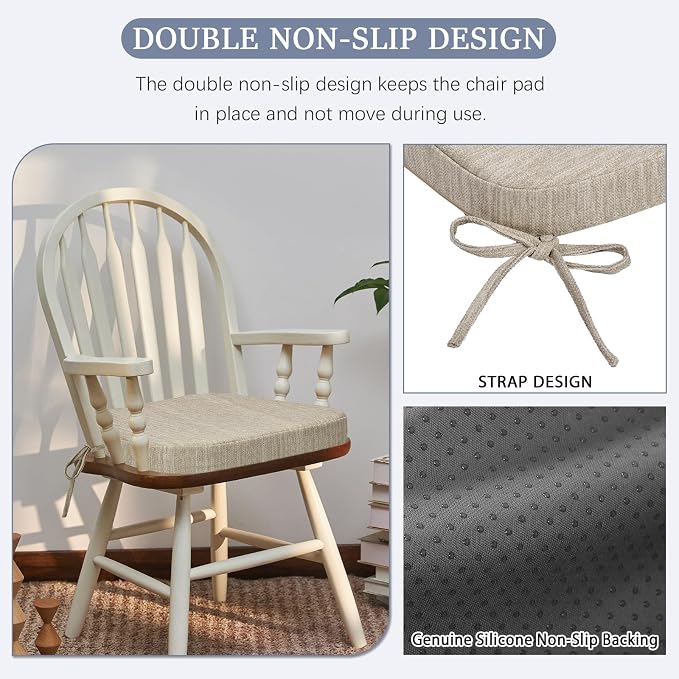 baibu Kitchen Chair Cushions Set of 4, Dual-Layer Patented Design Memory Foam Dining Chair Pads with Ties and Washable Cover, 4 Pack, 17" x 16" x 2", Beige