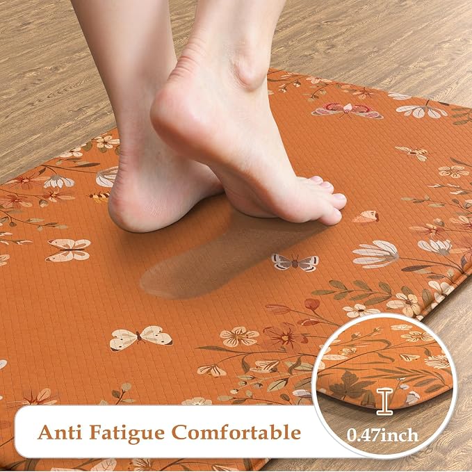 KIMODE Fall Kitchen Mats Cushioned Anti Fatigue, Orange Farmhouse Kitchen Rugs Sets of 2, Halloween Kitchen Mats for Floor, Padded Kitchen Floor Mats for Sink Laundry Office Desk 20"x47"+20"x32"