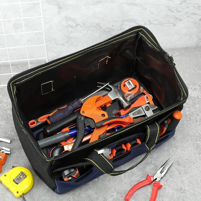 Sanwuta 3 Pack Tool Bag for Men with Waterproof Hard Bottom, Heavy Duty Tool Bag Wide Mouth Tote for Various Instrument, Electrician Carpenter Mechanic(Black Red, Blue, Yellow,16 Inch,Classic)