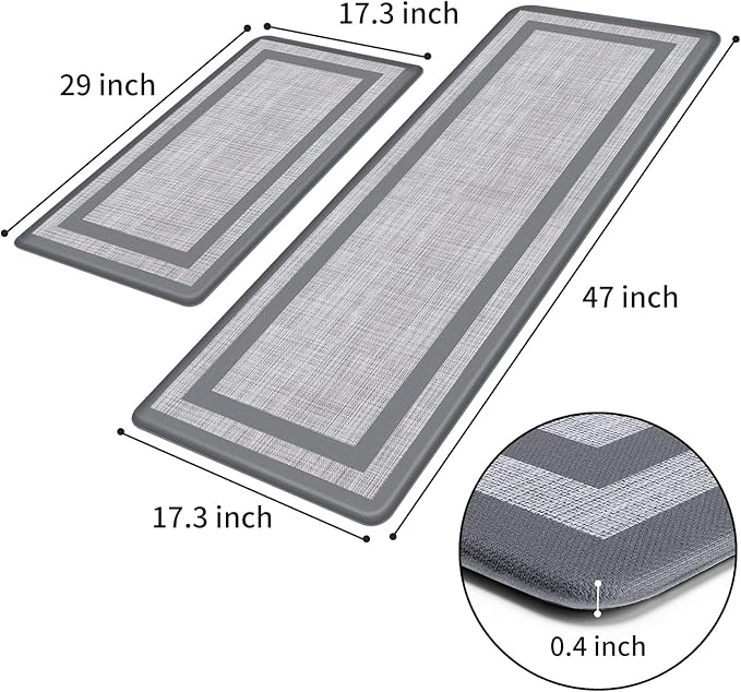Mattitude Kitchen Mats Set of 2,Cushioned Anti-Fatigue Non-Skid Rug Sets Ergonomic Comfort Standing Mat for Kitchen, Floor, Office, Sink, Laundry, Gray and Gray