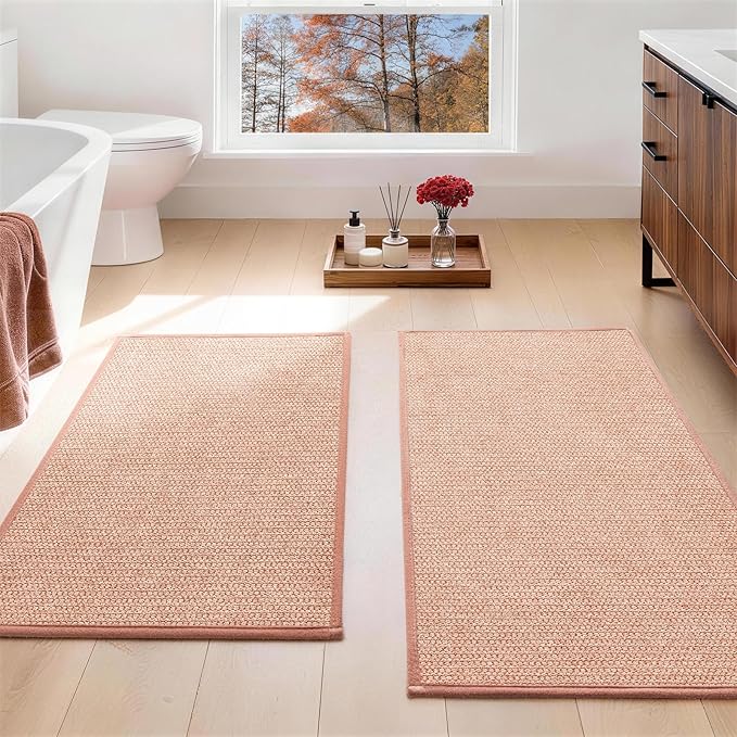 YIHOUSE Pink Bathroom Rugs Sets 2 Piece, Quick Dry Thin Bath Mat, Non Slip Absorbent Machine Washable, Bath Rugs for Bathtub Sink Home Decor (17"x24" + 17"x32")