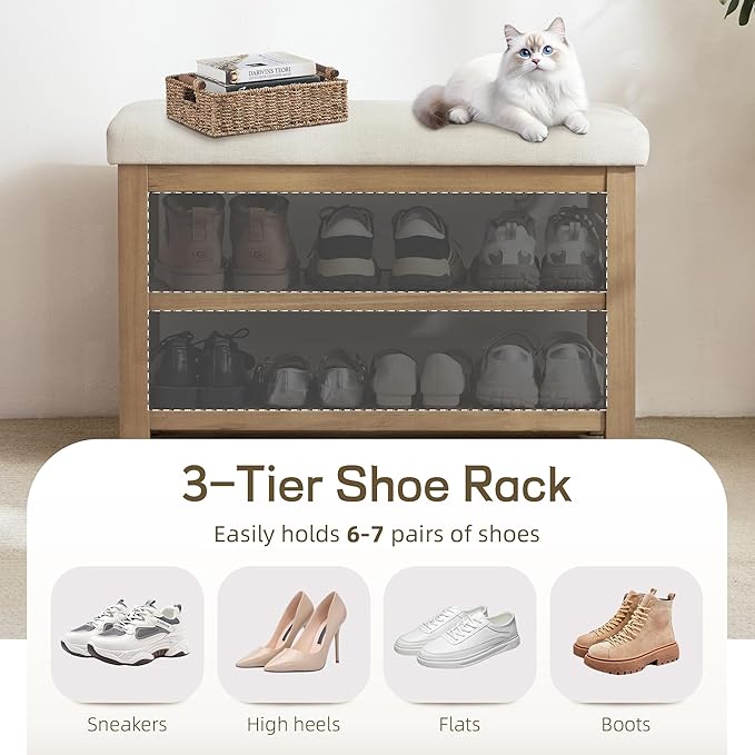 Zihanhome 2 Tier Shoe Rack Bench with Cushion, Solid Wood Shoe Benches, Mid-Century Modern Shoe Storage Bench for Entryway, Hallway, Living Room, Closet, Front Door Entrance, (Beige, 31.5")