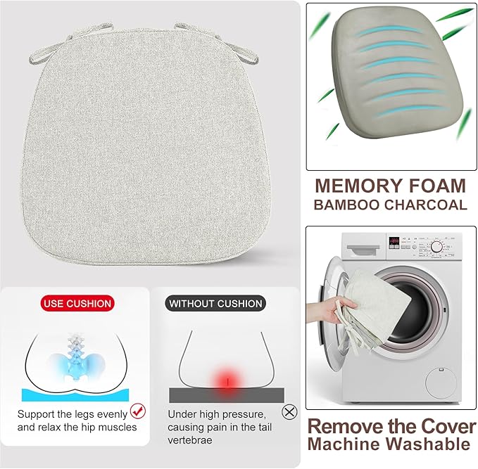 SINOSSO 4 Pack Memory Foam Chair Cushions for Dining Chairs, Friendly Woven Fabric 16" U-Shape Comfortable Kitchen Chair Pads, Removable Slip Resistant Seat Cushions (Set of 4, Beige-Gray)