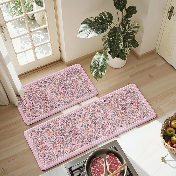 Collive Kitchen Mats for Floor, Cushioned Anti Fatigue Mat Pink Floral Rugs 2 Piece Non Skid Waterproof Sink Rug, Memory Foam Comfort Standing Mat for Office, Laundry, Desk