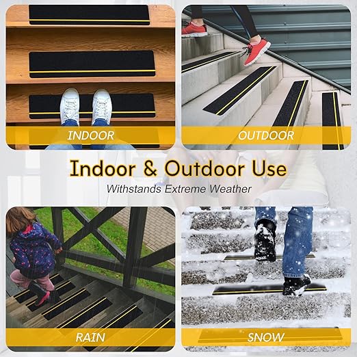 S&X Outdoor Stair Treads Non-Slip Safety Tape, 6” x 24”, 5-Pack, Pre-Cut Anti Slip Tape with Reflective Stripe, Heavy Duty Traction Grip Tape for Wooden Steps, Concrete Stairs, Decks