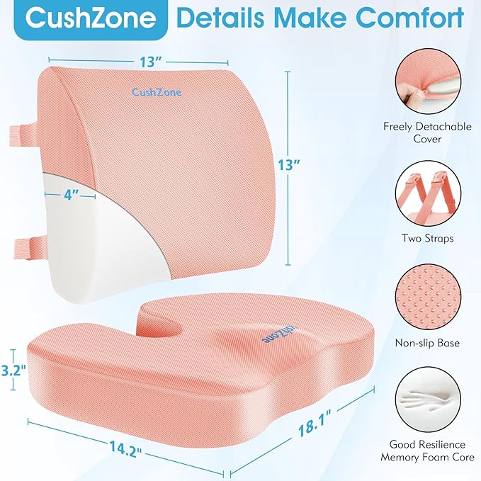 CushZone Ergonomic Seat Cushion & Lumbar Support Pillow - Memory Foam for Sciatica Pain Relief & Posture Correction, Non-Slip Chair Cushions for Office Chair/Car/Wheelchair/Travel (Pink)