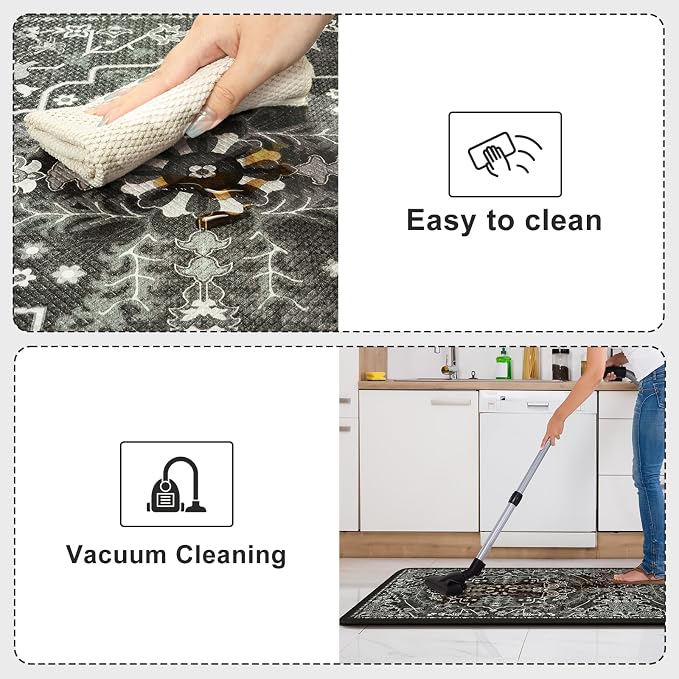 KIMODE Kitchen Mats Cushioned Anti Fatigue, Boho Vintage Kitchen Rugs Sets of 2, Non Slip Kitchen Mats for Floor, Memory Foam Kitchen Floor Mat for Sink Laundry Desk Black Multi 17"x47"+17"x29"