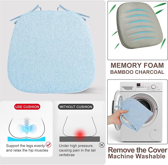 SINOSSO 4 Pack Memory Foam Chair Cushions for Dining Chairs, Friendly Woven Fabric 16" U-Shape Comfortable Kitchen Chair Pads, Removable Slip Resistant Seat Cushions (Set of 4, Water Blue)
