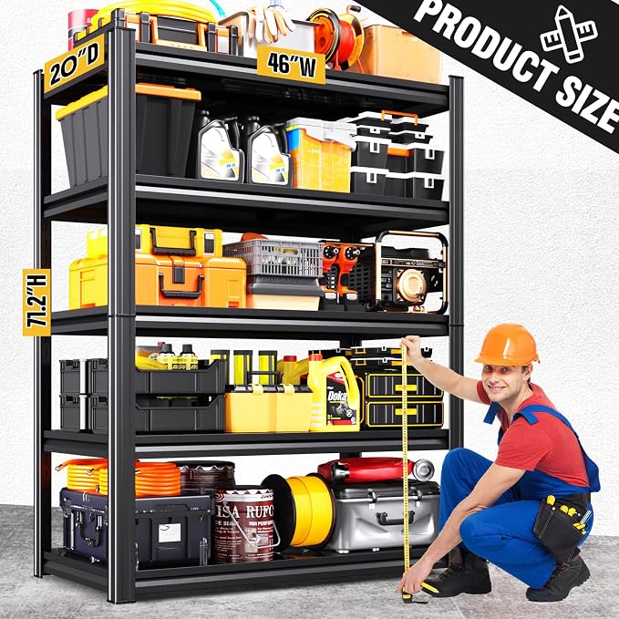 4-Pack Heavy Duty Garage Shelving for Large Storage & Garage Organization, 71"H x 46"W x 20"D Adjustable 5-Tier All Metal Storage Shelf for Tools, Storage Bins, Bulk Items, Warehouse & Workshop