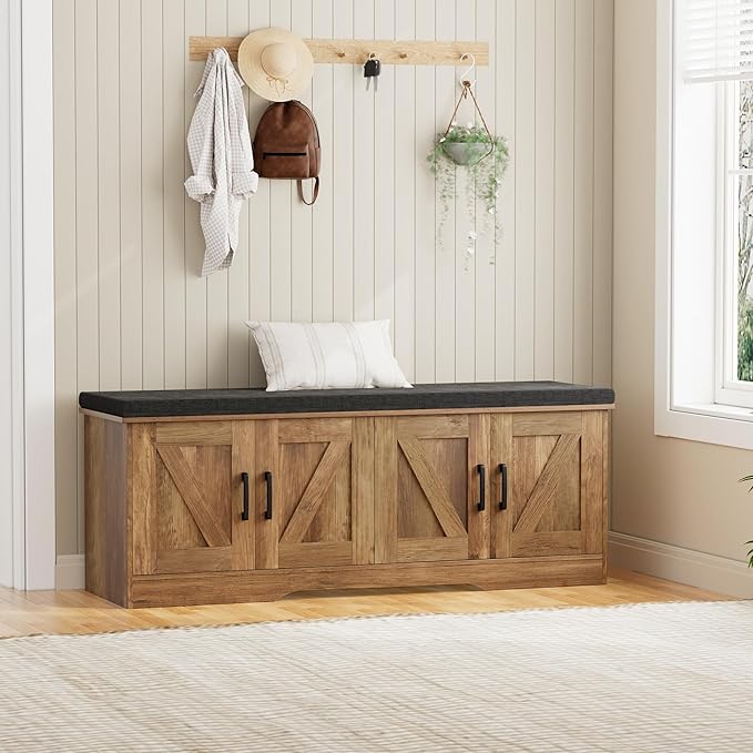 HOMSHO 2-Tier Storage Bench, 47.2" Wide Shoe Bench with Padded Seat Cushion, Entryway Bench with 4 Barn Doors and Adjustable Shelf, Rustic Walnut