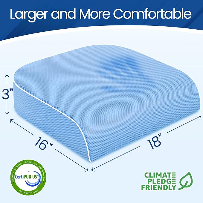 SweetSlubr Seat Cushion for Tailbone Pain Relief, Office Chair Cushion, Memory Foam Large Chair Cushion with Non-Slip Cover for Soft Support at Office Chair, Car Seat, Airplane Light Blue/Large
