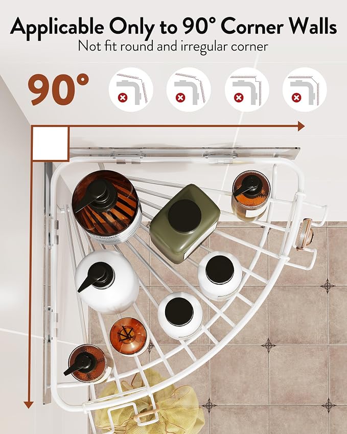 Orimade Corner Shower Caddy with 2 Hooks Wall Mounted Metal Bathroom Shelf Storage Organizer Adhesive No Drilling 2 Pack, White Only for 90-Degree Corner