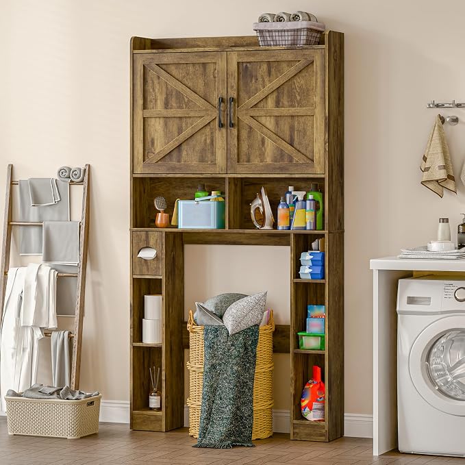 Over The Toilet Storage Cabinet, Farmhouse Toilet Cabinet Rack with Barn Doors, Space Saving Bathroom Organizer with Shelves, Toilet Paper Holder and Towel Rack for Bathroom,Restroom,Laundry, Brown