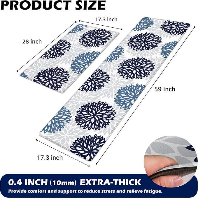 Kitchen Mats Set of 2 Cushioned Anti Fatigue Kitchen Rugs Non Slip Waterproof Runner Memory Foam Kitchen Floor Mat Comfort Standing Mat for Sink, Office, Laundry, Navy Teal