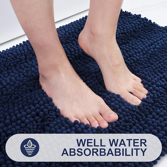 Grandaily Chenille Striped Bathroom Rugs 40x32, Extra Thick and Absorbent Bath Mats, Non-Slip Soft Plush Shaggy Shower Carpet, Machine Wash Dry, Bath Rug for Bathroom, Navy