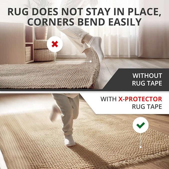 X-Protector Rug Tape - 12 Pcs Set - White Anti-Slip & Anti-Curling Carpet Tape for Hard Floors - Premium Rug Pad Gripper - Carpet Corner Grippers to Keep Your Carpet in Place & Make Corners Flat