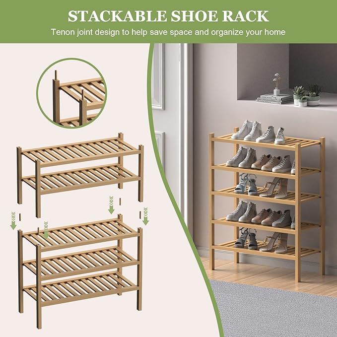 ROMGUAR CRAFT (Thick Bamboo Shoe Rack for Entryway, 2-Tier Free Standing Shoe Racks Stackable Shoe Rack Organizer for Hallway Closet Living Room 27 x12 x14 Inches
