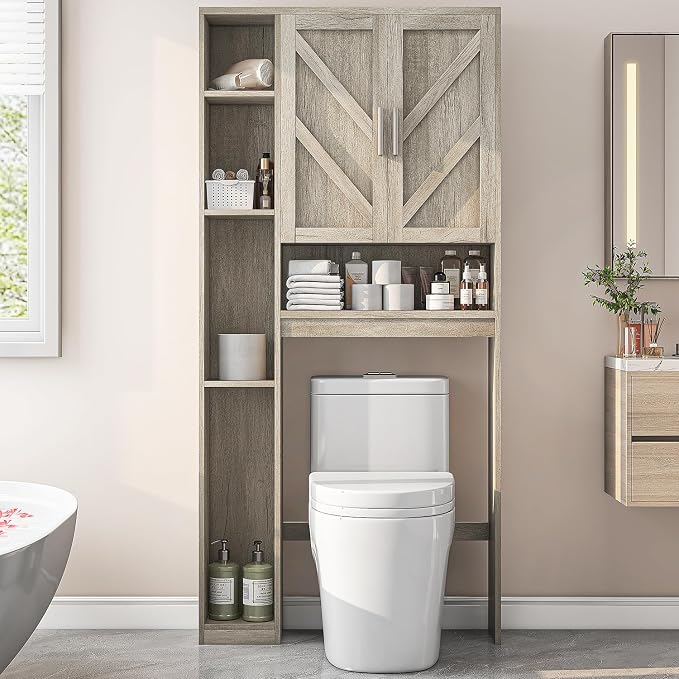 Over The Toilet Storage Cabinet with 7 Storage Shelves, Above Toilet Bathroom Organizer with Toilet Paper Holder Stand, Behind Toilet Cabinet, Space Saver for Restroom, Bathroom, Laundry, Grey