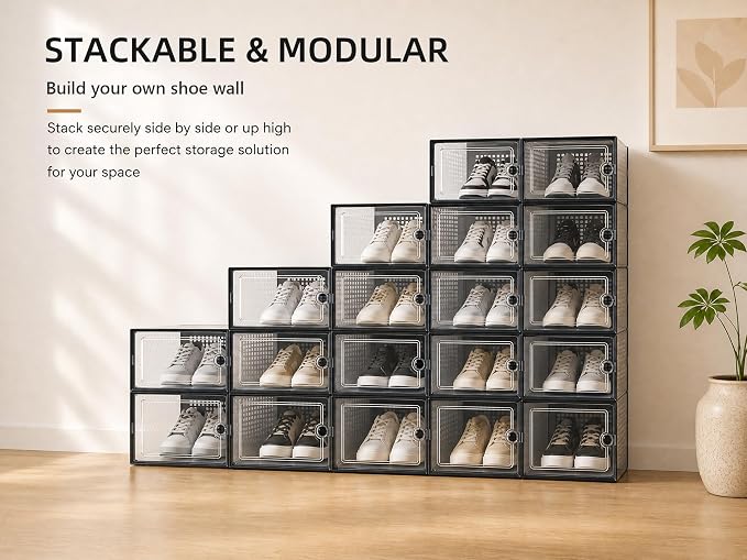 Kuject X-Large Shoe Storage Boxes Organizers Clear Plastic Stackable 12 Pack, Shoe Rack & Holder Substitute, Sneaker Containers, Toy Storage Organizer Bins for Entryway, Closet, Under Bed, Black