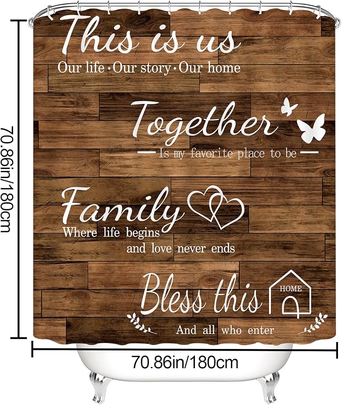 4Pcs Family Shower Curtain Sets with Non-Slip Rugs, Toilet Lid Cover and Bath Mat, Brown Home Bathroom Decor Set Accessories Waterproof Shower Curtains with 12 Hooks, 72 x 72 Inch