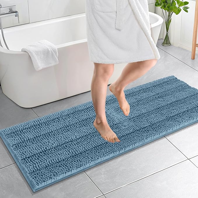 OLANLY Thick Bathroom Runner Rugs 59x20, Absorbent Chenille Striped Bath Rugs, Rubber Backing, Machine Wash, Extra Long Bath Mats for Bathroom Floor, Tub and Shower, Home Decor Accessories, Airy Blue