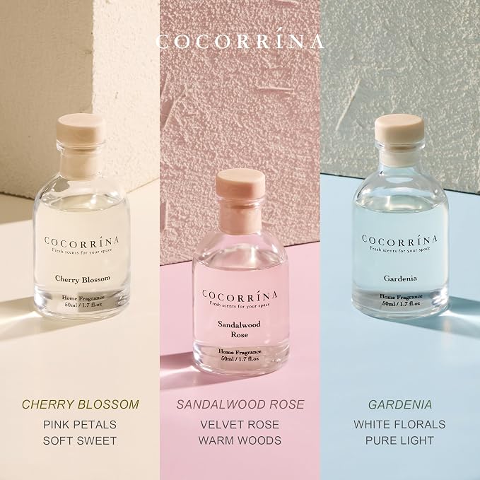 COCORRÍNA Eucalyptus Reed Diffuser Set of 3 - Sandalwood Rose, Cherry Blossom, Gardenia Scents, 1.7 fl oz Each, Total 5.1 oz, Scented Oil Diffusers for Home & Office