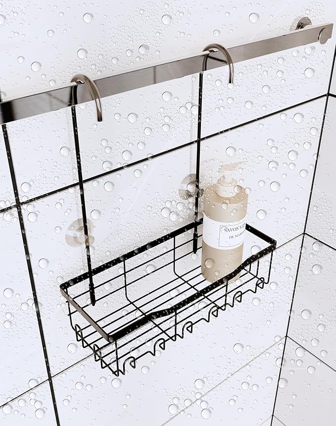 Slizy Hanging Shower Rack, Black Bathroom Storage Rack, Bathroom Door Organizer, Shower Basket, Shampoo Holder, No Drilling Required, Organizes Essentials, Single-Tier Shelf