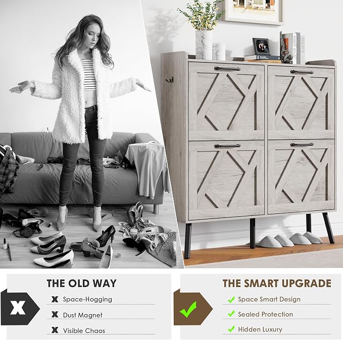 Nicetree Shoe Cabinet with 4 Flip Drawers, Freestanding Shoe Organizer Cabinet, Farmhouse Narrow Shoe Storage Cabinet for Entryway, Foyer, Hallway, Gray
