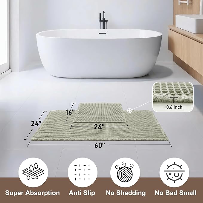 JIUZHEN Set of 2 Waffle Bath Mats Non Slip Waffle Bathroom Runner Rug Washable Boho Runner Bath Rugs Super Absorbent Shower Mat for Bathroom Kitchen Hallway Laundry, 16" x 24" +24" x 60", Sage Green