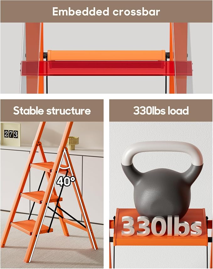 HillhutApex 3 Step Foldable Aluminum Step Ladder with Handgrip, Anti-Slip Pedal, 330 lbs Capacity, Lightweight & Portable for Home, Kitchen, Office, Garage (Orange)
