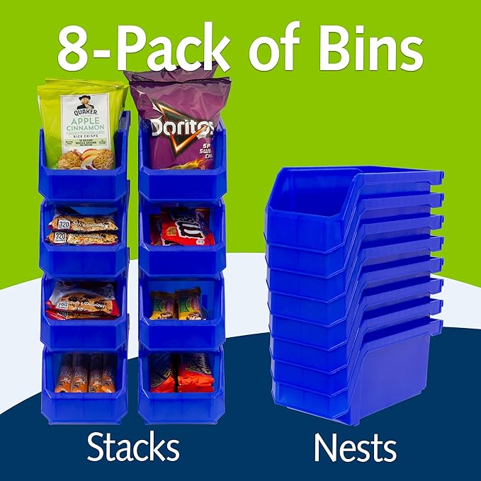 ReadySpace Plastic Containers for Organizing and Storage Bins for Closet, Kitchen, Office, Garage or Pantry Organization, Stackable Bins, Medium (11" x 5" x 5.5"), 8-Pack, Blue