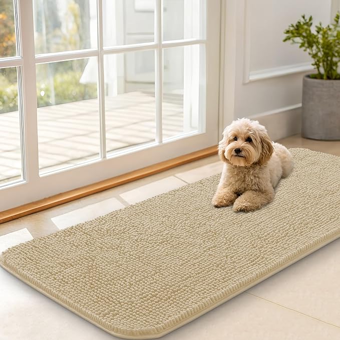 OLANLY Dog Door Mat for Muddy Paws 47x20, Absorbs Moisture and Dirt, Absorbent Non-Slip Washable Doormat, Quick Dry Chenille Mud Mat for Dogs, Entry Indoor Entryway Carpet for Inside Floor, Beige