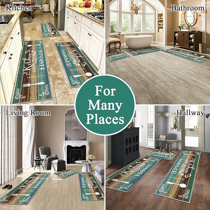 Vaukki Boho Kitchen Rug Sets 3 Pieces, Washable Kitchen Mats for Floor, Non Slip Soft Kitchen Area Rug Floor Mat for Kitchen, Laundry Room and Hallway (Teal, 20''x32''+20''x47''+20''x59'')