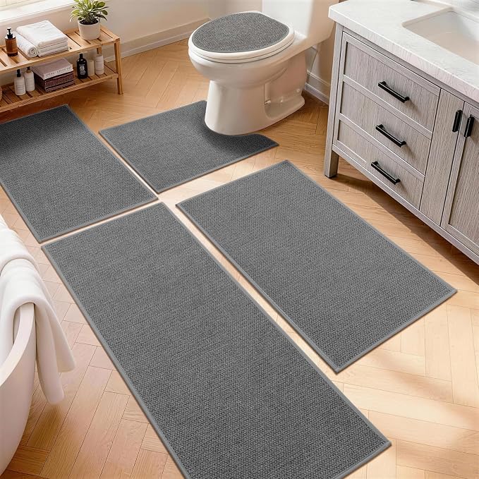 YIHOUSE Dark Gray Bathroom Rugs Sets 5 Piece, Quick Dry Thin Bath Mat with Toilet Rug - Non Slip Absorbent Machine Washable - Bath Runner Rugs for Bathtub Sink Home Decor