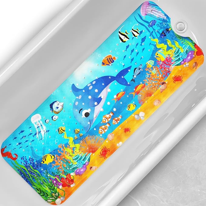 Baby Bath Tub Mat, 40 x 16 Inch Extra Large Non Slip Kids Cartoon Bathtub Shower Mats with Suction Cups & Drain Holes, Machine Washable for Bathroom, Undersea Dolphin