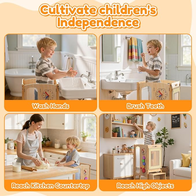 Foldable Toddler Tower, Kitchen Stool Helper with 2 Step Stool, Toddler Standing Tower for Kids with Safety Net, Adjustable Height, Chalk-Whiteboard &Montessori Activity Games